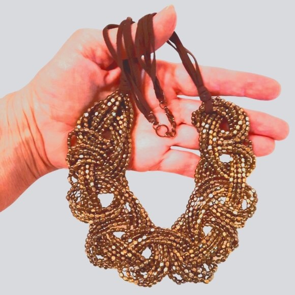 Chunky Brass Brutalist Braided Seed Bead Primitive Necklace Collar Choker Boho - Picture 3 of 12